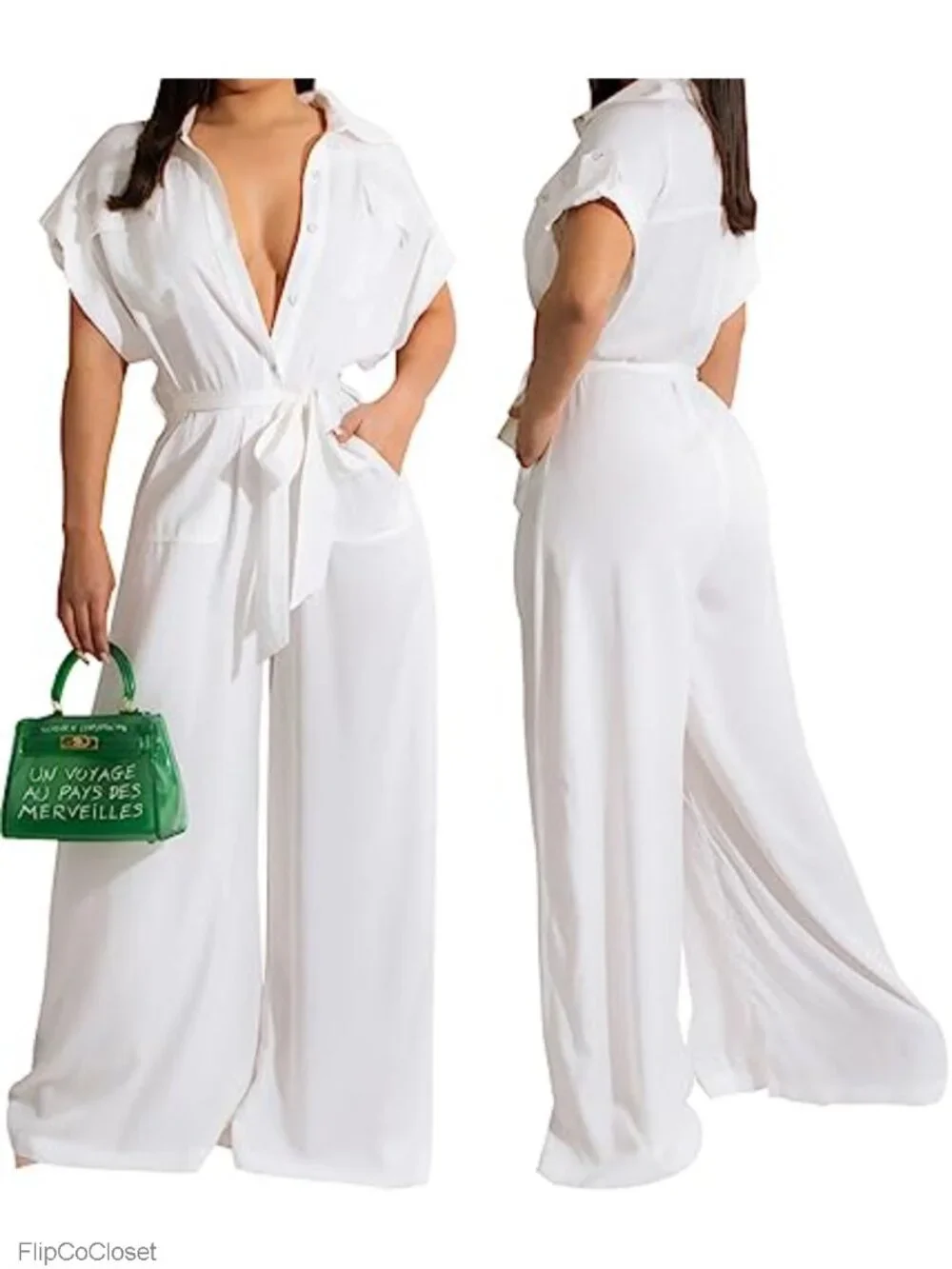 Wide Leg Jumpsuit with Belt Short Sleeve Loose Romper Club Party Work